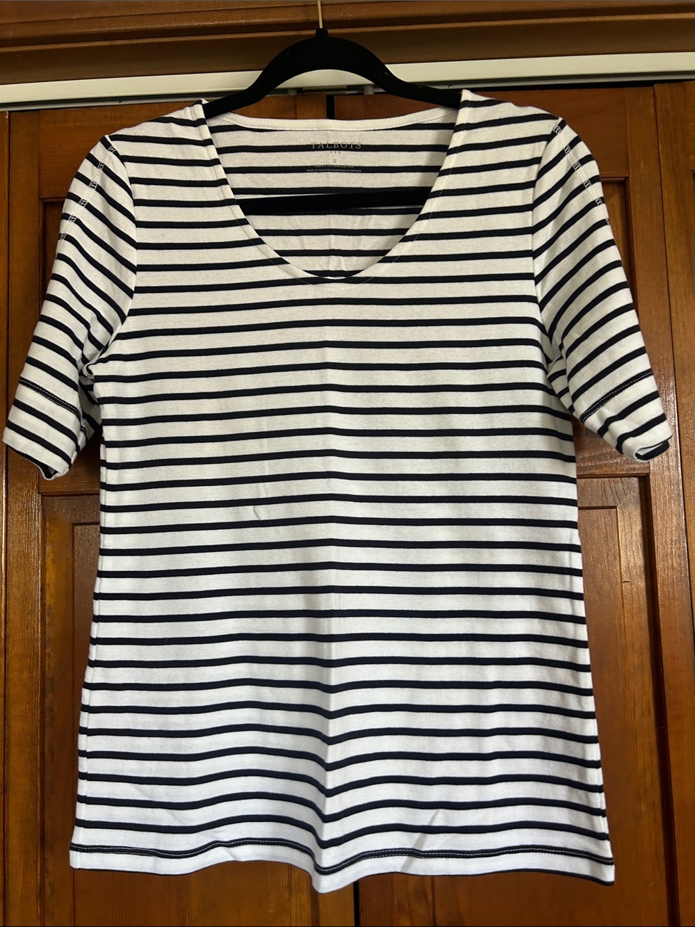 Talbots Striped V-Neck Short Sleeve Tee - White & Black